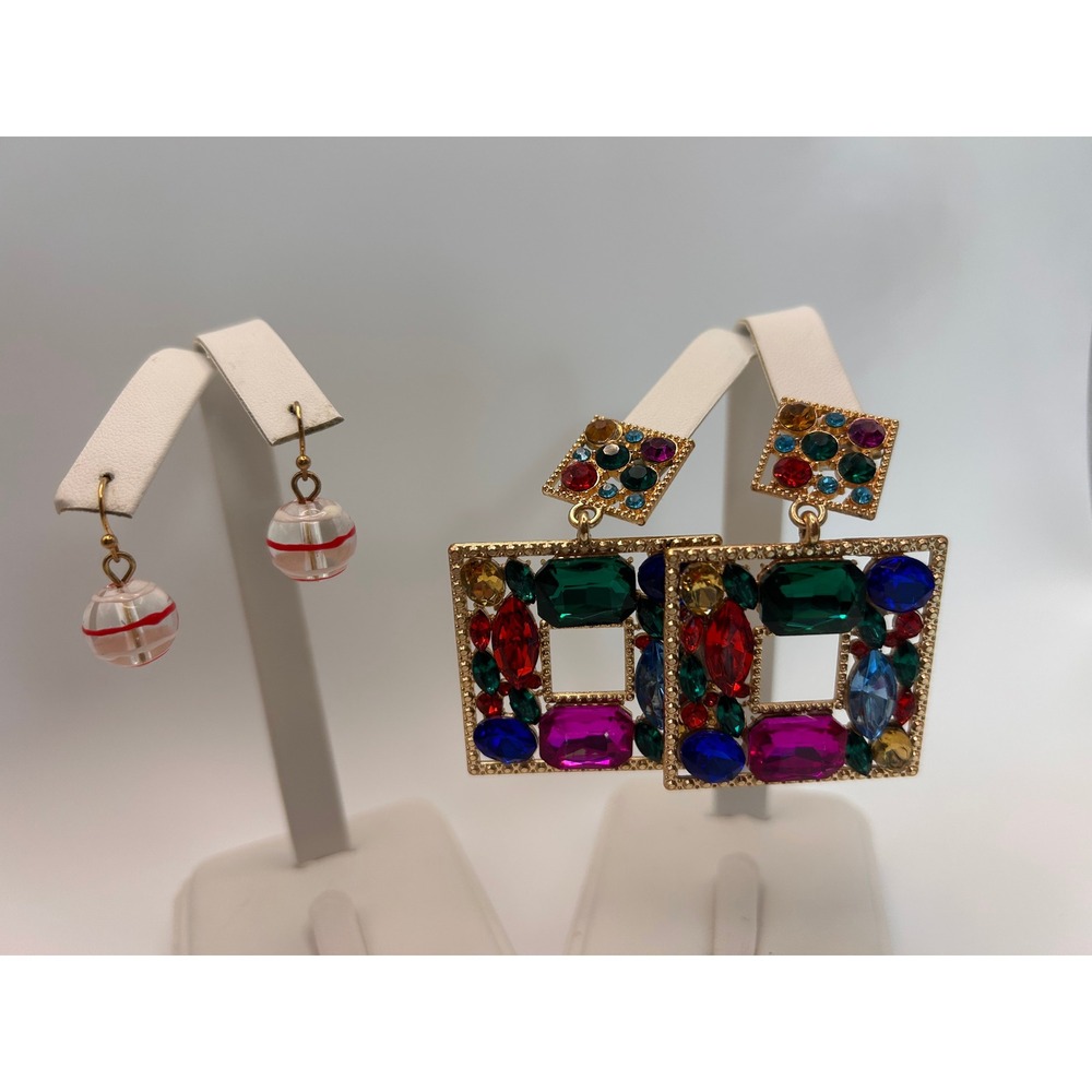 Earring Set Women OS Multicolor Good Gemstone Square & Striped Orb - Picture 2 of 12